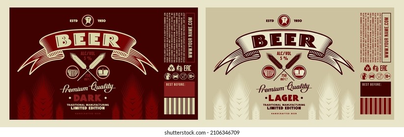 Set of template decorative label for craft beer. Dark ale and lager flavor. Vector illustration