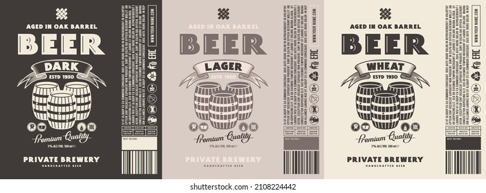 Set of template decorative label for craft beer. Dark ale, wheat and lager flavor. Vector illustration