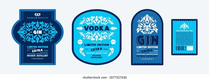 Set of template decorative label for gin, vodka and other alcohol drink. Floral ornament in renaissance style. Vector illustration