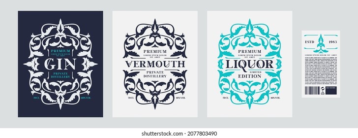 Set of template decorative label for gin, vermouth, liquor and other alcohol drink. Floral ornament in renaissance style. Vector illustration