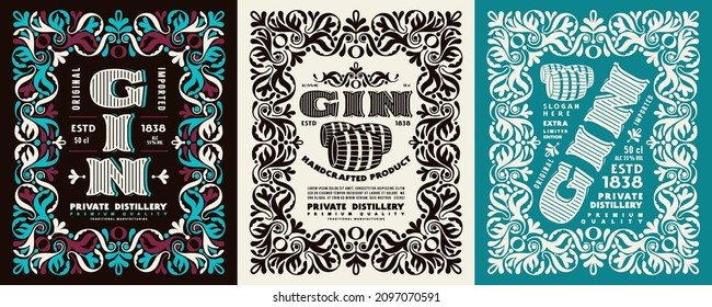 Set of template decorative label for gin. Ornamental frame in floral style. Vector illustration