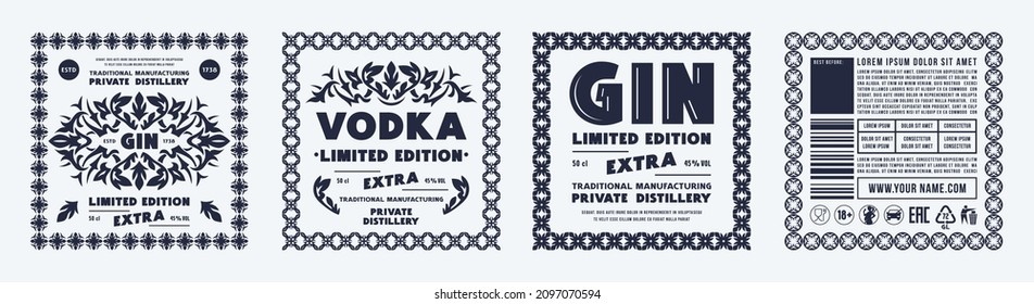 Set of template decorative label for gin and vodka. Typography with ornamental frame. Vector illustration