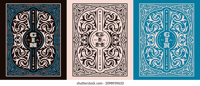 Set of template decorative label for gin and other alcohol drink. Ornamental frame in floral and line style. Vector illustration