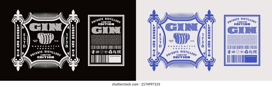 Set of template decorative label for gin and other alcohol drink. Vector illustration