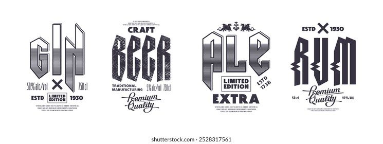 Set of template decorative label for gin, rum, ale and craft beer. Composition with typography. Vector illustration