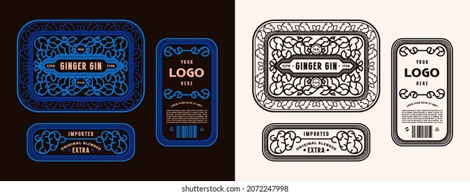 Set of template decorative label for ginger gin and other alcohol drink. Ornamental frame in oriental style. Vector illustration