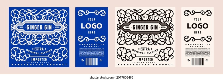 Set of template decorative label for ginger gin and other alcohol drink. Ornamental frame in line style. Vector illustration