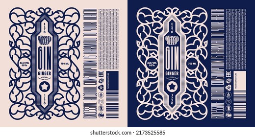 Set of template decorative label for ginger gin and other alcohol drink. Ornamental frame in line style. Vector illustration