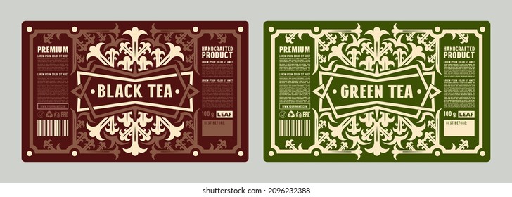 Set of template decorative label for green and black tea. Ornament in medieval style. Vector illustration