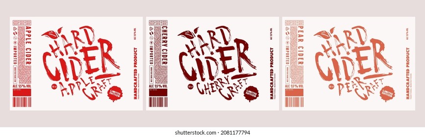 Set of template decorative label for hard cider. Apple, pear and cherry flavor. Typographic in grunge handwritten style. Vector illustration