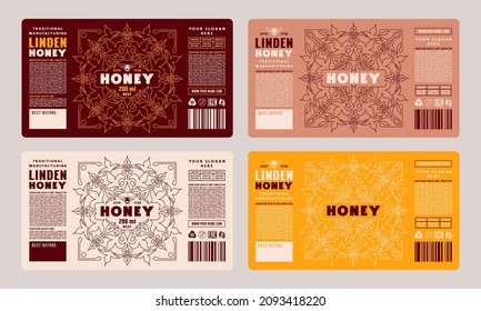 Set of template decorative label for honey. Ornamental frame in thin line style. Vector illustration