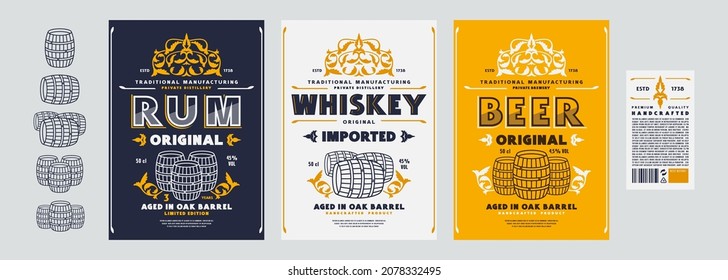 Juego de patrón de etiqueta decorativa para ron, whisky, cerveza y otras bebidas alcohólicas. Ornamento floral en estilo renacentista e íconos de barril. Ilustración del vector