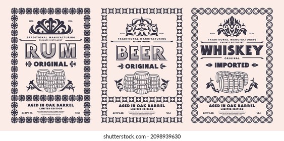 Set of template decorative label for rum, whiskey, beer and other alcohol drink. Floral ornament and decorative frame. Vector illustration