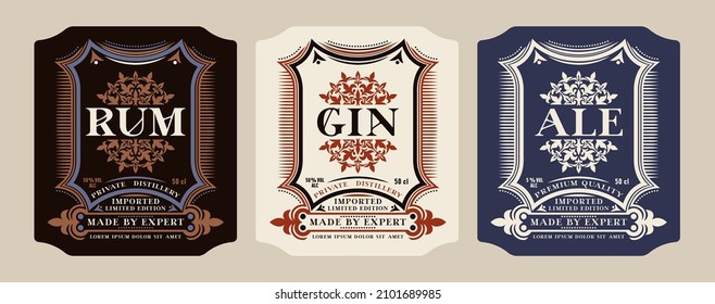 Conjunto de etiquetas decorativas de plantilla para ron, ginebra, cerveza de venta y otras bebidas alcohólicas. Ilustración del vector