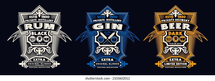 Set of template decorative label for rum, gin, beer and other alcohol drink. Vector illustration. Color print on black background