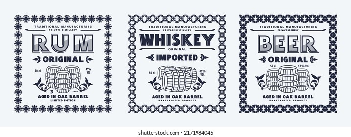 Set of template decorative label for rum, whiskey, beer and other alcohol drink. Vector illustration