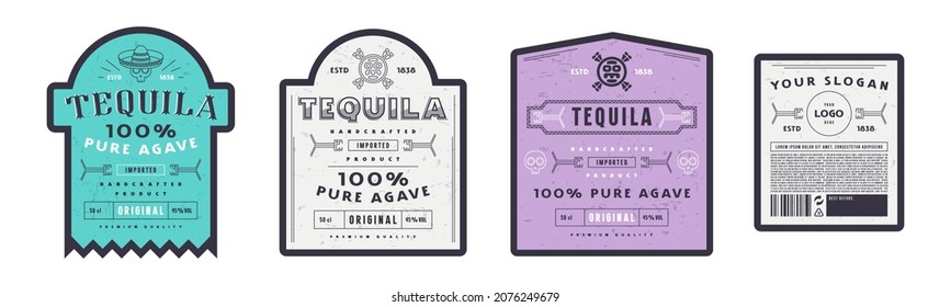 Set of template decorative label for tequila. Design elements in thin line style. Vector illustration