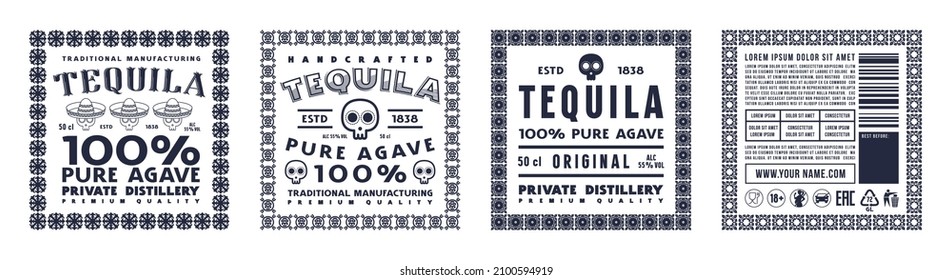 Set of template decorative label for tequila. Typography with ornamental frame. Vector illustration