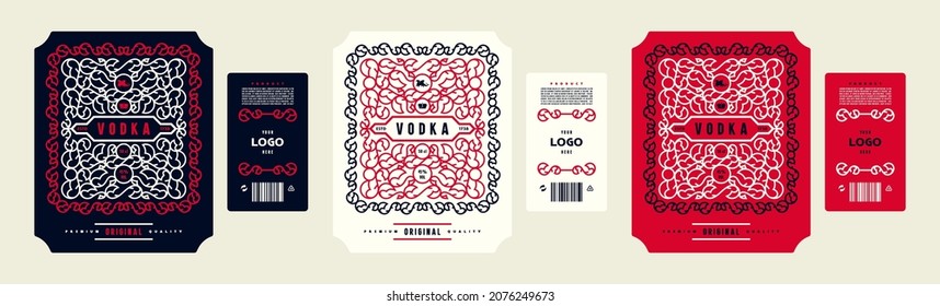 Set of template decorative label for vodka and other alcohol drink. Ornamental frame in line style. Vector illustration