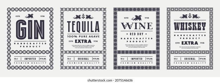 Set of template decorative label for whiskey, gin, tequila and wine. Typography with dragon silhouette. Vector illustration