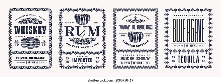 Set of template decorative label for whiskey, rum, tequila and wine. Typography with floral ornament. Vector illustration