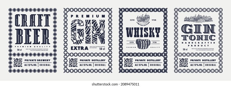 Set of template decorative label for whiskey, gin tonic and beer. Typography with ornamental frame. Vector illustration