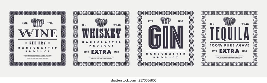 Conjunto de etiquetas decorativas de plantilla para whisky, ginebra, tequila y vino. Tipografía con silueta de barril. Ilustración del vector