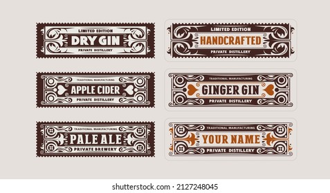 Conjunto de plantillas pequeña etiqueta rectangular decorativa para cerveza, sidra, ginebra y otras bebidas alcohólicas. Diseño con adorno floral. Ilustración del vector 