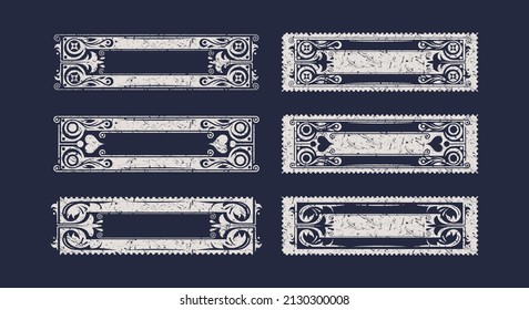 Set of template decorative small rectangular label for alcohol drink. Design with floral ornament. Vector illustration. White print with rough texture on black background