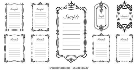 Set Template of Decorative vintage borders and frames. Wedding and restaurant menu. Vector illustration.