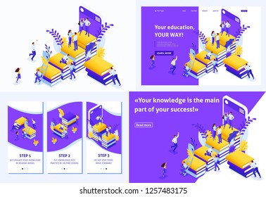 Set Template design article, Landing page, app design, Isometric concept for E-learning, education Your knowledge your success. Easy to edit and customize.