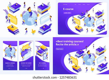 Set Template design article, Landing page, app design, Isometric concept for search for the best e-courses, online learning process.