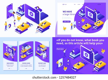 Set Template design article, Landing page, app design, Isometric concept choose the right your book in our library for your E-learning, education.