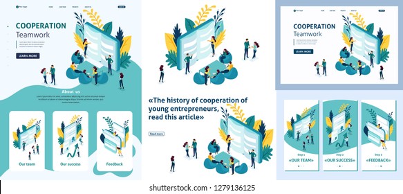Set Template design article, Landing page, app design, Isometric concept Increase sales and skills. Team thinking and brainstorming. Adaptive 3D