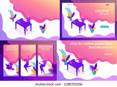 Set Template design article, Landing page, app design, Isometric concept girl designer Freelancer works remotely. Easy to edit and customize.