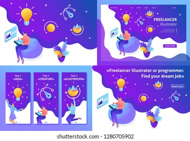Set Template design article, Landing page, app design, Isometric girl designer works, draws, dreams, creates design. Easy to edit and customize.