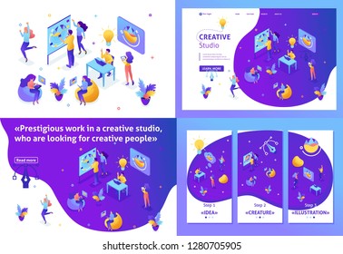 Set Template design article, Landing page, app design, Isometric creative studio, creating ideas, employees develop the design. Easy to edit and customize.