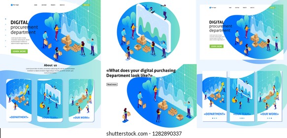 Set Template Design Article, Landing Page, App Design, Isometric Concept Concept Of Digital Procurement, Marketing Research, Teamwork. Adaptive 3D