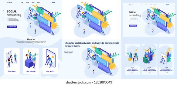 Set Template design article, Landing page, app design, Isometric concept communication of young people in social networks, sending messages and photos