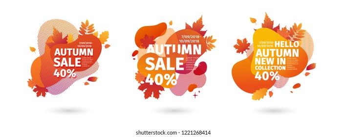 Set template design autumn sale. Abstract trendy geometric background for fall offer. Season frame with maple leave. Layout flyer autumnal vector illustration for shopping promo and price tag