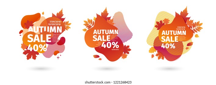 Set Template Design Autumn Sale. Abstract Trendy Geometric Background For Fall Offer. Season Frame With Maple Leave. Layout Flyer Autumnal Vector Illustration For Shopping Promo And Price Tag