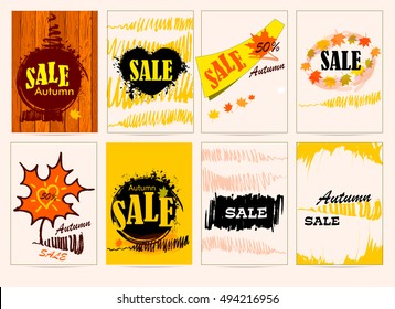 Set template design, banner, flyers, card, label, posters, hand-drawing. Hand drawing of a maple leaf, heart, spots, lines. Grunge background. Collection of autumn sale. Vector illustration EPS10.