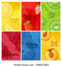 Set template design banners, cards, flyers with fruits and berries. Collection brochure with raspberries, strawberries, blueberries and lemon, kiwi, peach. Brochures with a watercolor texture. Vector