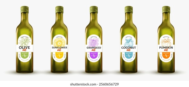 Set template design for branding oil form olive, sunflower, pumpkin, coconut, grapeseed on glass bottle. 3d realistic mockup isolated on white background.