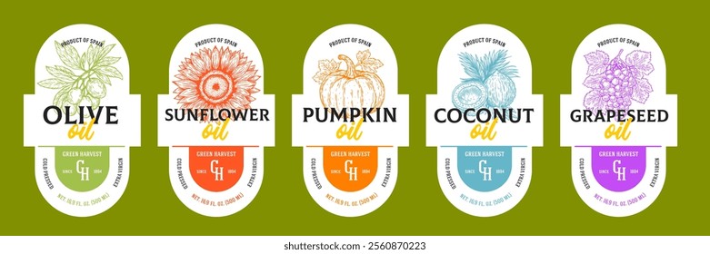 Set template design for branding oil from olive, sunflower, pumpkin, coconut, grapeseed. Collection mockup for corporate cover, label, sticker.