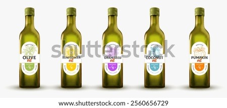 Set template design for branding oil form olive, sunflower, pumpkin, coconut, grapeseed on glass bottle. 3d realistic mockup isolated on white background.