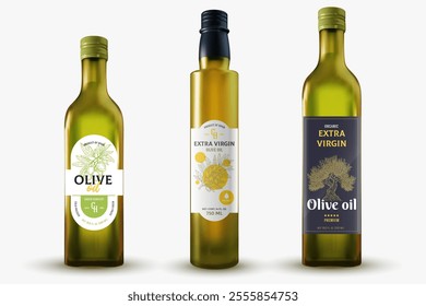 Set template design for branding olive oil on glass bottle. 3d realistic mockup isolated on white background.
