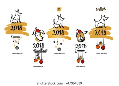  Set template design of congratulation postcard, poster, banner in vintage style with silhouette dog. Sketch vector illustration. Symbol of year earth dog 2018.  Happy new year.