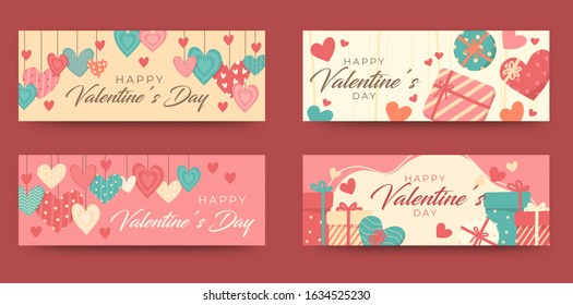 Set template design Happy valentine's day horizontal banner. Flyer with pink color tape and special valentine's sale text. Romantic horizontal banner set. 