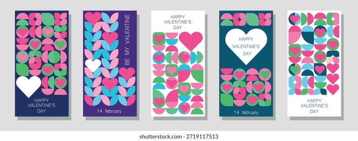 Set template design Happy valentine's day banner, in minimalist Bauhaus style. Design line drawing, mosaic background. Abstract print background with simple shapes.